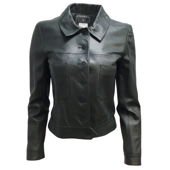 Chanel Dark Green 2002 Cc Logo Buttoned Silk Lined Lambskin-leather Jacket